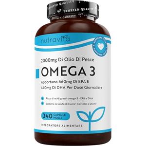 Nutravita Omega 3 Fish Oil 2000mg - 660mg EPA e 440mg DHA - 240 Omega 3 Capsule, 4 Mesi - Integratori Omega3 Fish Oil - Integratore Omega3 Olio di Pesce Capsule - EPA DHA - Cuore, cervello e vista