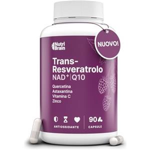 NUTRIBRAIN Trans-Resveratrolo, NAD⁺, Coenzima Q10, Quercetina, Astaxantina, Vitamina C e Zinco | Antiossidante, Anti-Età e Difese Immunitarie | 90 Capsule | Formula Avanzata con 7 Attivi Sinergici | 3 Mesi