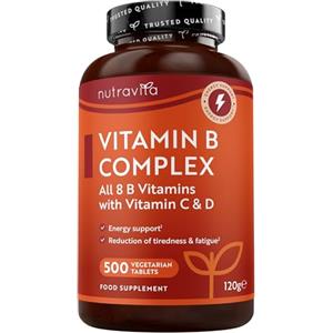Nutravita Vitamina B Complex con Vitamina C + Vitamina D - 500 Compresse per Una Scorta di 1 Anno - Tutte le 8 Vitamine B + Biotina - Metabolismo, funzione mentale, sistema nervoso (EFSA)