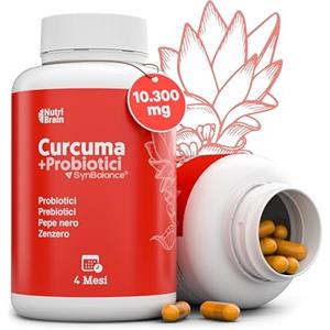 NUTRIBRAIN Curcuma con PROBIOTICI e PREBIOTICI | Alta Concentrazione (>95%) | 10300 mg | Antinfiammatorio per Benessere Articolare, Muscolare, Osseo e Digestivo | 125 giorni | Solo 1 capsula al giorno.