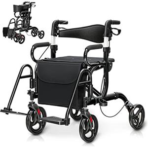 HOMASIS 2 in 1 Deambulatore e Rollator Pieghevole con Seduta, Ausilio alla Deambulazione Regolabile in Altezza a 6 Livelli, Fino a 160 kg, Carrozzina con Porta Bastone, Borsa e Freno (Nero)
