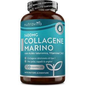 Nutravita Collagene Marino con Acido Ialuronico 1400mg - 120 Compresse - Collagene Idrolizzato Tipo 1 - Marine Collagen, Vitamina C & Biotina Integratore per Capelli, Pelle, Unghie e Articolazioni