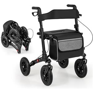 HOMASIS 2 in 1 Deambulatore per Anziani con Seduta, Deambulatore Pieghevole e Regolabile in 7 Altezze, Carrello Rollator in Alluminio per Anziani da Viaggio con Borsa, Fino a 140 kg (Nero)