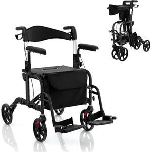 HOMASIS 2 in 1 Deambulatore Pieghevole con Altezza Regolabile, Maniglia con Freno a Mano, Porta-Ombrello, Rollator Leggero con Schienale Reversibile per Anziani e Disabili, Portata di 136 kg (Nero)