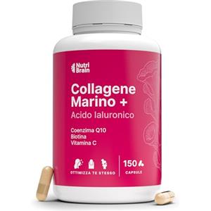 NUTRIBRAIN Collagene Marino Idrolizzato + Acido Ialuronico, Coenzima Q10, Biotina & Vitamina C | 150 capsule | Alta biodisponibilità | 5 mesi | Peptidi Tipo 1 | Pelle, Capelli, Unghie, Ossa, Articolazioni