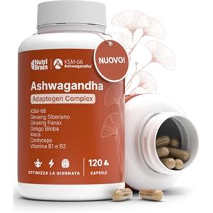 NUTRIBRAIN Complesso Ashwagandha KSM-66, Ginseng, Ginkgo Biloba, Maca, Cordyceps & Vitamine B1-B2 | Adattogeno, Anti-Stress, Equilibrio, Energia, Prestazioni | 120 Capsule | Vegano, Senza OGM, Senza Glutine