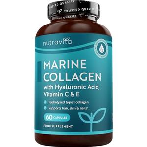 Nutravita Collagene Marino con Acido Ialuronico 1000 mg - 60 Capsule Collagene Idrolizzato di Tipo 1 - Colageno con Vitamina C, E, B2, Zinco, Rame e Iodio - Integratori per Capelli, Unghie e Pelle