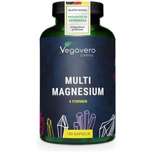 Vegavero Magnesio Completo Complex | 4 Forme Migliori: Citrato + Bisglicinato + Malato + Taurato | con Vitamina B2 e B6 | 180 capsule | Vegan | Vegavero®