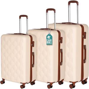 PROVITERA Set 3 Valigie Rigide in ABS, Valigia Rigida con Manico Telescopico e 4 Ruote Easy Roll, Trolley Resistente e Leggero da Viaggio, Bagaglio a Mano con Serratura Codice (Beige e Marrone)