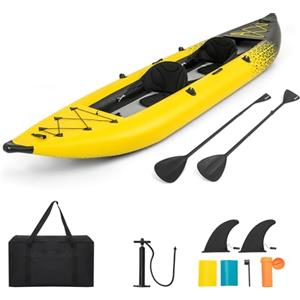 HOMASIS Kayak Gonfiabile 2 Posti in PVC, Canoa Gonfiabile con 2 Pagaie Regolabili, Borsa per il Trasporto, Pompa a Mano e Kit di Riparazione, Gommone Mare per Adulti, 382 x 94 x 40 cm (Giallo)