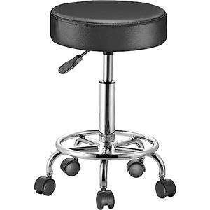 BAKAJI Sgabello con ruote rotondo, Seduta in Ecopelle e Base Acciaio Girevole a 360°, Altezza Regolabile, Imbottitura con spessore da 10 cm, Ideale per Bar, Casa, Estetista, Studio medico (Nero)