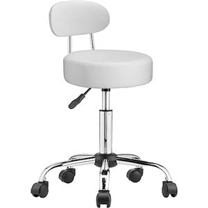 BAKAJI Sgabello con ruote e schienale, Sedia da lavoro girevole con supporto schiena, Seduta Imbottitura 10 cm Ecopelle e Base Acciaio, Altezza Regolabile, per estetista, ufficio, lavoro (Bianco)