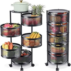 BAKAJI Carrello Trolley Cucina in Metallo con 5 Ripiani a Cesto Apribili e 4 Ruote girevoli a 360 Gradi Trolley Salvaspazio Arredamento Casa Cucina Dimensione 85 x 30 cm Design Moderno (Rotondo)