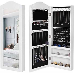 BAKAJI Specchiera Portagioie da Parete Muro Armadietto Portagioielli con Anta Porta Oggetti e Specchio Interno Armadio Organizer Porta Gioielli Colore Bianco (96 x 35 x 9,5 cm)