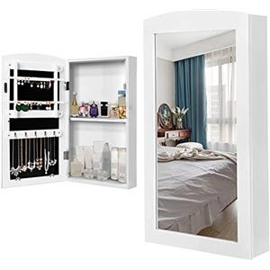 BAKAJI Specchiera Portagioie da Parete Muro Armadietto Portagioielli con Anta Porta Oggetti e Specchio Interno Armadio Organizer Porta Gioielli Colore Bianco (60 x 30 x 8,5 cm)