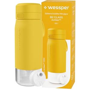 Wessper Borraccia Filtrante, 500 ml, Borraccia Vetro Borosilicato, Bottiglia con Filtro Actitex DISC, Contatore di Sostituzione del Filtro Integrato, Riduce il Cloro, BPA FREE - Giallo