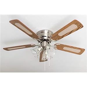Pepeo Deluxe Ventilatore a soffitto 105 cm di quercia/noce ad ala spazzolata in nichel spazzolato, 105620191, con illuminazione e interruttore a tirare, 105620191