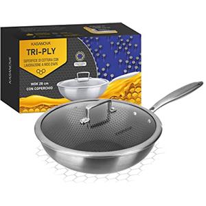 KASANOVA Wok antiaderente con rivestimento nido d'ape 28 cm Tri-ply, con coperchio in vetro