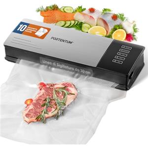 PORTENTUM Macchina sottovuoto alimenti con 10 sacchetti inclusi - Macchina per sottovuoto per alimenti - Sottovuoto potente con finitura in acciaio inox