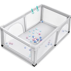 LIFEZEAL Box Bambini, 120 x 190 cm, Recinto per Bambini, in Tessuto Oxford Traspirante, Box Neonato, con Ventose Antiscivole, 2 Porte e 50 Palline, Recinto per Bimbi da 10 Mesi a 6 Anni, grigio