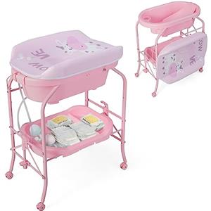LIFEZEAL Vaschetta Bagnetto Neonato, 0-12 Mesi, con Fasciatoio, Vaschetta Bagnetto Neonato Pieghevole, con Materassino Fasciatoio, Ripiano Portaoggetti e Ruote, Portata 35 kg (rosa)