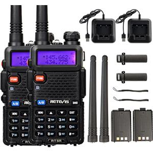 Retevis RT5R Walkie Talkie, Ricetrasmittenti Professionali UV Doppia Banda, VOX FM a 128 Canali Lungo Raggio Radio Bidirezionale Portatile per Campeggio, Caccia (Nero, 2Pezzi)