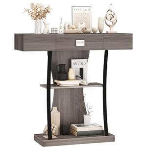 LIFEZEAL Tavolo consolle in legno, tavolo da ingresso con 3 livelli di stoccaggio aperto, tavolino stretto con cassetto per ingresso, corridoio, soggiorno (grigio)