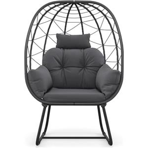 LIFEZEAL Sedia uovo di vimini, sedia divano in rattan per giardino, patio, poltrona con cuscino estraibile, cuscino, sedia esterna con supporto DEE metallo, per balcone, veranda, terrazza (grigio)