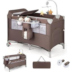 LIFEZEAL Lettino da Campeggio, Lettino per Bambini 0-3 Anni, Culla da Viaggio, Box, Co-sleeping, con Materasso, Fasciatoio, Giostrina, Ruote, Borsa, Pieghevole, Portatile, 125x65x119 cm (marrone)