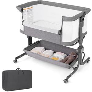 LIFEZEAL Culla Neonato, Next to Me, con Materasso, Cestino Portaoggetti, Ruote e Borsa da Trasporto, Lettino Bambino, Regolabile in Altezza a 6 Livelli, Lettini per Bambini, 0-6 Mesi (grigio chiaro)