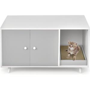 LIFEZEAL Armadietto per Gatti 2 in 1 Con Tavola Tiragraffi, Tavolino Con Casetta, 2 Ante e Gambe Sollevate, Lettiera, Marrone (Grigio)