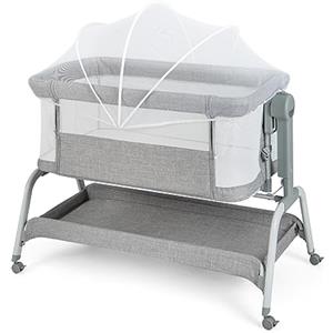 LIFEZEAL Lettino per bambini con zanzariera, materasso e ruote, lettino da viaggio 6 regolazioni in altezza, culla portatile per bambini 0-6 mesi, culla con cestello portaoggetti (Gray)