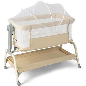 LIFEZEAL Lettino per bambini con zanzariera, materasso e ruote, lettino da viaggio 6 regolazioni in altezza, culla portatile per bambini 0-6 mesi, culla con cestello portaoggetti (Beige)