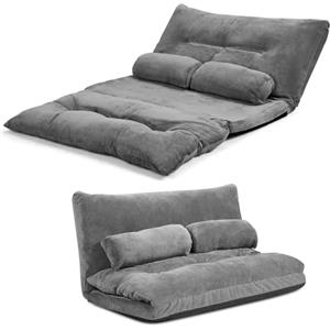 LIFEZEAL Divano da Terra Matrimoniale a 2 Posti, Divano Letto Futon da Pavimento, 2 Cuscini, Schienale Regolabile a 6 Livelli, Telaio in Metallo, Fodera in Velluto, Pieghevole, Allungabile, Grigio