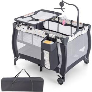LIFEZEAL Lettino ad ombrello per bambini con materasso a 2 livelli in tessuto Oxford e PP, box pieghevole con fasciatoio, borsa, ruote bloccabili, portata 15 kg, 0-36 mesi (colorato)