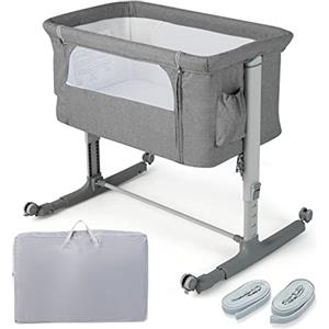 LIFEZEAL 3 in 1 Lettino con Materasso Laterale Regolabile in 5 livelli, Culla per Neonato da Viaggio Mobile su Ruote con Tasca e Borsa per Trasporto (grigio chiaro)