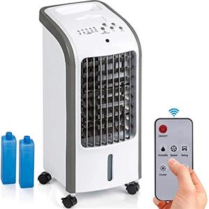 BAKAJI Raffrescatore Evaporativo d'Aria Air Cooler, Ventilatore con Raffreddamento ad Acqua con Serbatoio Ghiaccio Umidificatore, Timer e Telecomando, Potenza 80 W, 4 Ruote Portatile, 24 x 26 x 57 cm