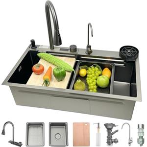 OMGMTSTORE Lavello da cucina a cascata, 80 x 45 cm, 1 lavandino in acciaio inox, colore nero, antracite, con rubinetto sinistro, componente di scarico sinistro, lavello da cucina con cestello di scarico, vasca