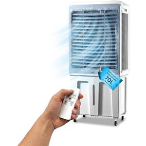 Wintem Raffrescatore Evaporativo Industriale Portatile Tanica da 70 Litri 200W con Telecomando e Timer Air Cooler 8000m³/h Funzione Condizionatore Ventilatore Senza Unità Esterna 3 Velocità e Oscillazione