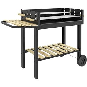 Outsunny Griglia per Barbecue a Carbonella ad Altezza Regolabile con 2 Griglie, 2 Ripiani e Rotelle, Barbecue da Giardino in Metallo e Legno di Pino, 113x53.5x82.5 cm, Nera