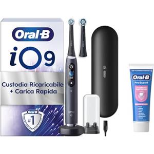 Oral-B iO 9 Spazzolino Elettrico, 2 Testine di Ricambio, Custodia, Nero - 2 Testine di Ricambio per Spazzolino Elettrico, Ricaricabile, Custodia da Viaggio + 1 Dentifricio Pro Expert, Pulizia Denti