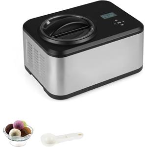 LIFEZEAL Gelatiera Autorefrigerante 1,5 L con Compressore, 120W Macchina per Gelato 4 Modalità, per Frozen Yogurt e Gelato, Display LED, Timer 24H, Cestello Rimovibile e Misurino, Acciaio Inox, Nero