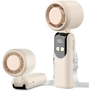 LULUWA Ventilatore Turbo Portatile, 100 Velocità Pieghevole 90° & Ricaricabile USB Display LED con Cordino Ventilatore Mini da Tavolo o da Collo per Shopping Campeggio Viaggi e Passeggiate (Beige)