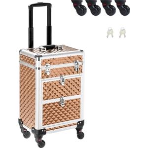 BAKAJI Trolley Make Up Professionale, Beauty Case Estetista Portatile, Valigia Porta Trucchi con Trama Oleografica a Triangolare e Ruote Staccabili, Valigetta Organizer Makeup Viaggio (Oro)
