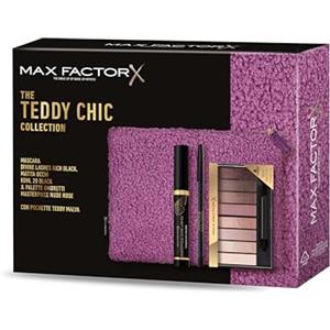 Max Factor, Cofanetto Regalo Donna Teddy Chic, Pochette in morbido tessuto teddy con Mascara Divine Lashes + Matita Occhi Khol Kajal 20 Black+ Palette Ombretti Masterpiece Nude Rose