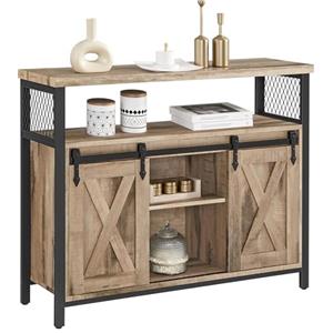 VASAGLE Credenza, Mobile da Cucina, Armadietto Organizzatore, con 2 Ante Scorrevoli, 33 x 100 x 80 cm, Ripiani Regolabili, Stile Country, per Soggiorno, Marrone Cammello e Nero Inchiostro LSC092B50