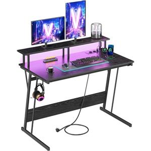 VASAGLE Scrivania da Gaming con Luci LED e Prese di Corrente, Scrivania da Computer, Supporto per Monitor, Tavolo per 2 Monitor, Ufficio, Camera da Letto, 100 x 55 cm, Nero Ebano LWD191B56V2