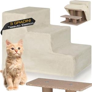 BAKAJI Scala per Animali Domestici con 3 Gradini e Rivestimento Sfoderabile in Peluche, Rampa per Gatti e Cani Anziani, Scaletta con Imbottitura ad Alta Densità, 45,5 x 36 x 34 cm… (Beige)