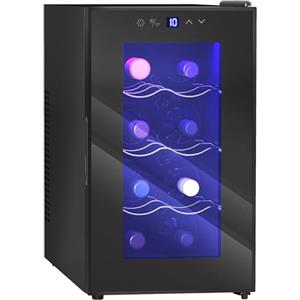 HOMCOM Cantinetta Vino Refrigerata 8 Bottiglie 21L, Cantina Vino Monotemperatura 8-18℃, con Display Touch, Luci LED, Vetro Anti UV, Ripiani Regolabile, Termoelettrico, Classe E, Nero