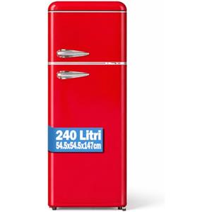 BAKAJI Frigorifero 240 Litri Doppia Porta Design Anni 50, Frigo con Congelatore Salvaspazio, Silenzioso, Temperatura Regolabile, Alto Livello di Stoccaggio, 54.5 x 54.5 x 147 cm (Rosso)